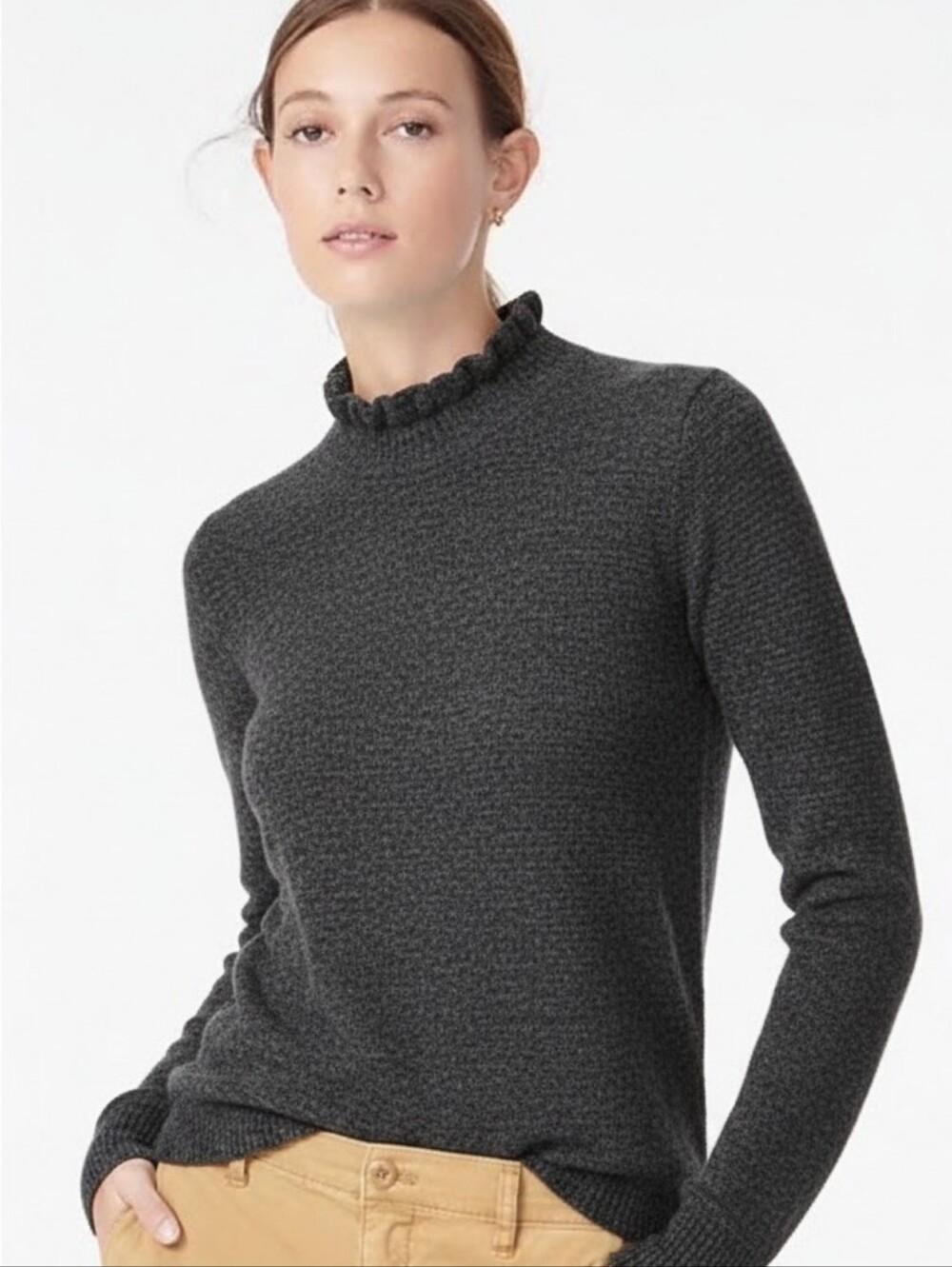 J. CREW Alpaca Wool Blend Ruffle Neck Sweater In Heathered Charcoal Medium